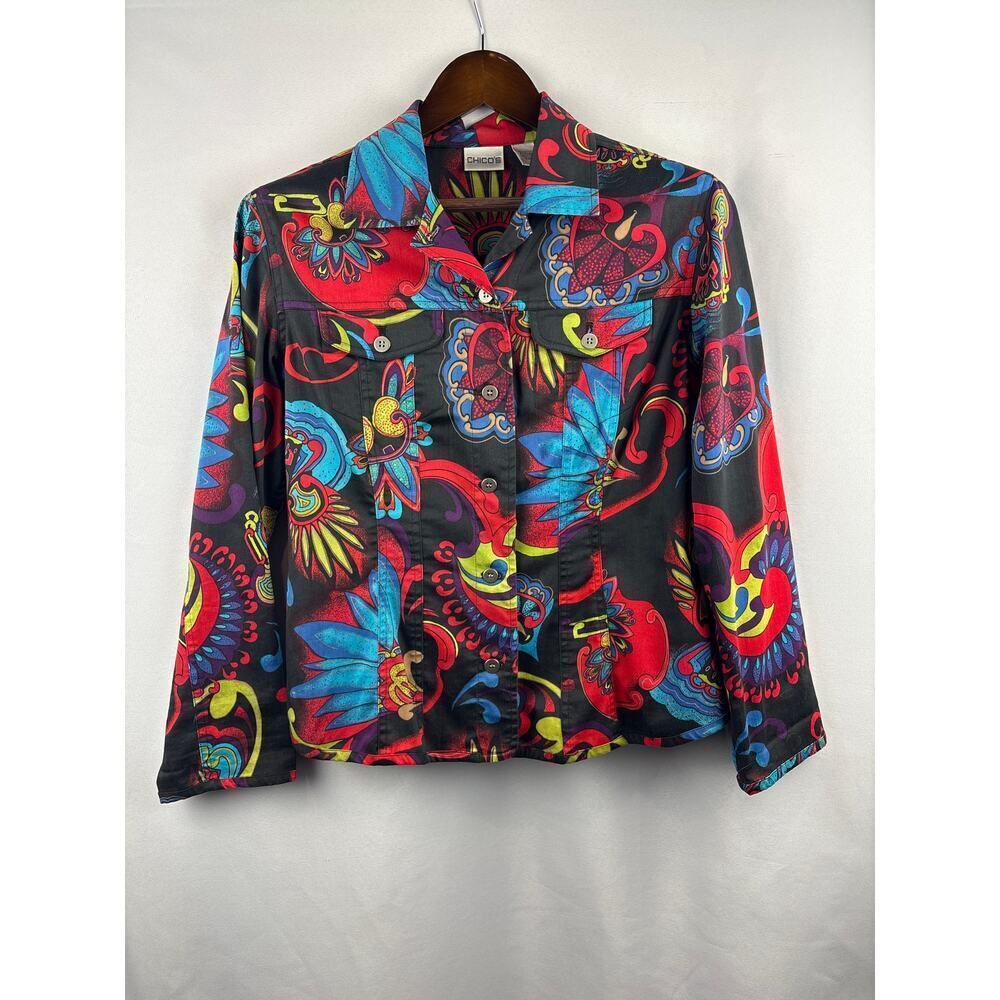 Women’s Chico’s Size 1 Black w/ Multicolor Paisley Button Up Shirt
